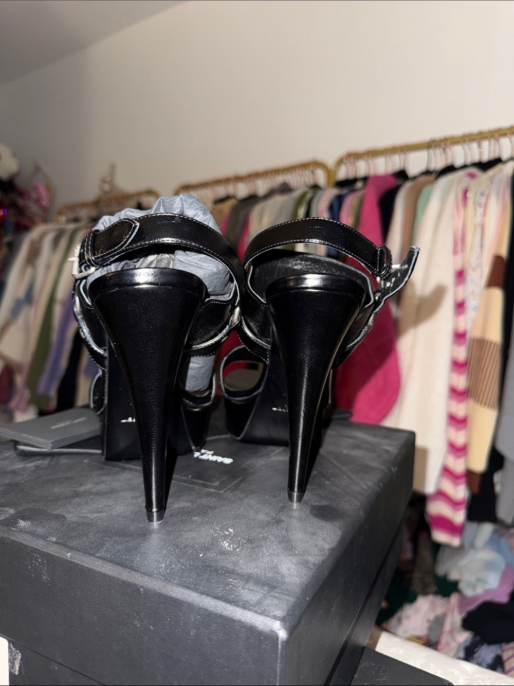 Saint Laurent Lido Black Leather Platform Ankle-Strap Heels - Picture 3 of 9